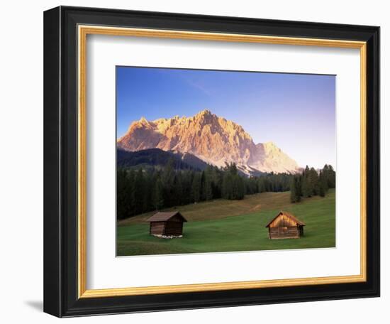 Zugspitze and Barns at Dusk, Wetterstein, Austrian Alps, Austria, Europe-Jochen Schlenker-Framed Photographic Print