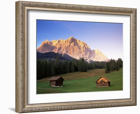 Zugspitze and Barns at Dusk, Wetterstein, Austrian Alps, Austria, Europe-Jochen Schlenker-Framed Photographic Print