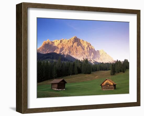 Zugspitze and Barns at Dusk, Wetterstein, Austrian Alps, Austria, Europe-Jochen Schlenker-Framed Photographic Print