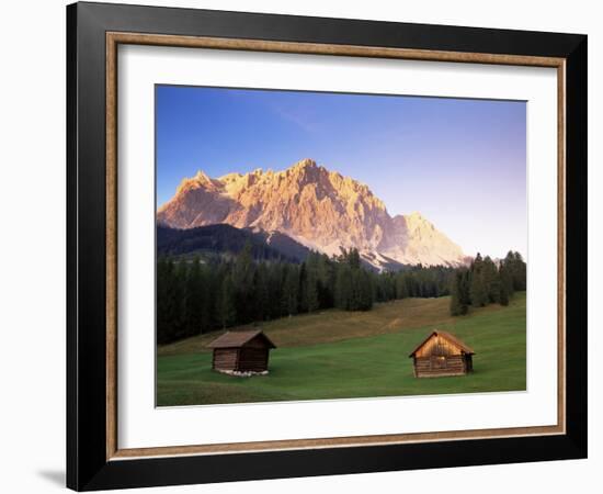 Zugspitze and Barns at Dusk, Wetterstein, Austrian Alps, Austria, Europe-Jochen Schlenker-Framed Photographic Print