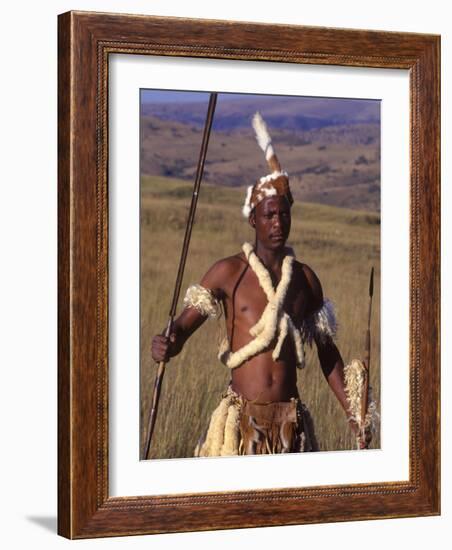 Zulu Warrior in Traditional Dress with Fighting Spear-John Warburton-lee-Framed Photographic Print