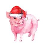 Cheerful Pig in Red Santa Hat. Watercolor for New Year 2019-zzorik-Premium Photographic Print