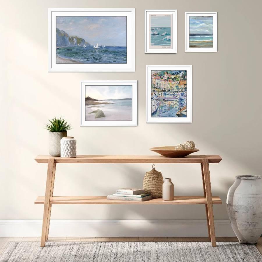 The Seaside Escape Gallery - The beach is within reach with this gallery wall of seaside landscapes. Breathe the calm of the ocean with this stunning array of coastal art.,Large Gallery Wall (76" X 55" Finished Size)
