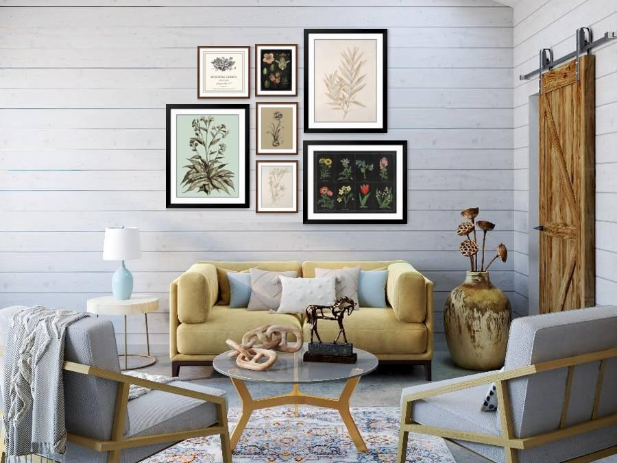 The Botanist's Gallery - Delight in the beauty of nature. The airy aesthetic of these detailed botanical illustrations draw your eye in, setting a sophisticated, refined tone.,Oversized Gallery Wall (88" X 60" Finished Size)